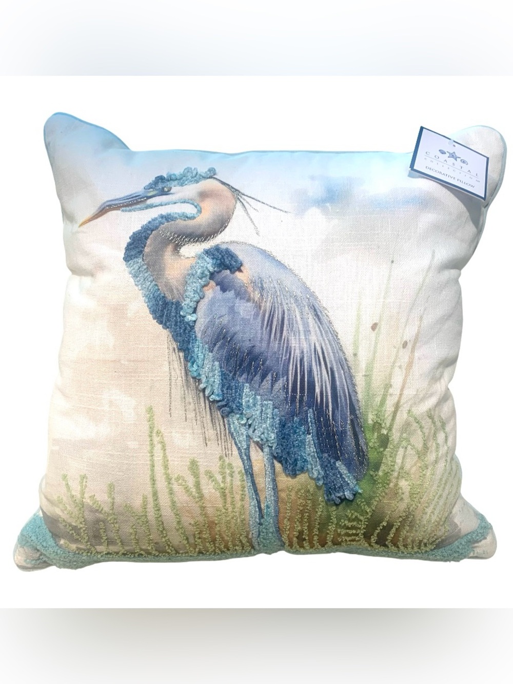 Textured Blue Heron Coastal Raised Loop Embroidered Throw Pillow Zipper 20x20”